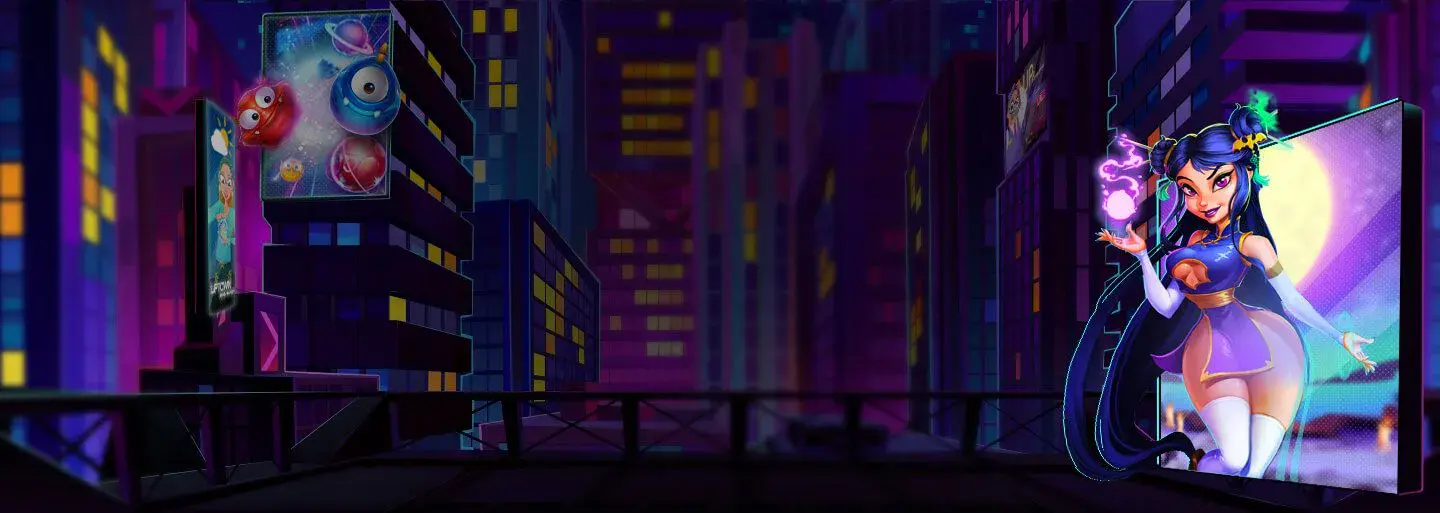 Neonverlichte casinostad van Uptown Aces bij nacht